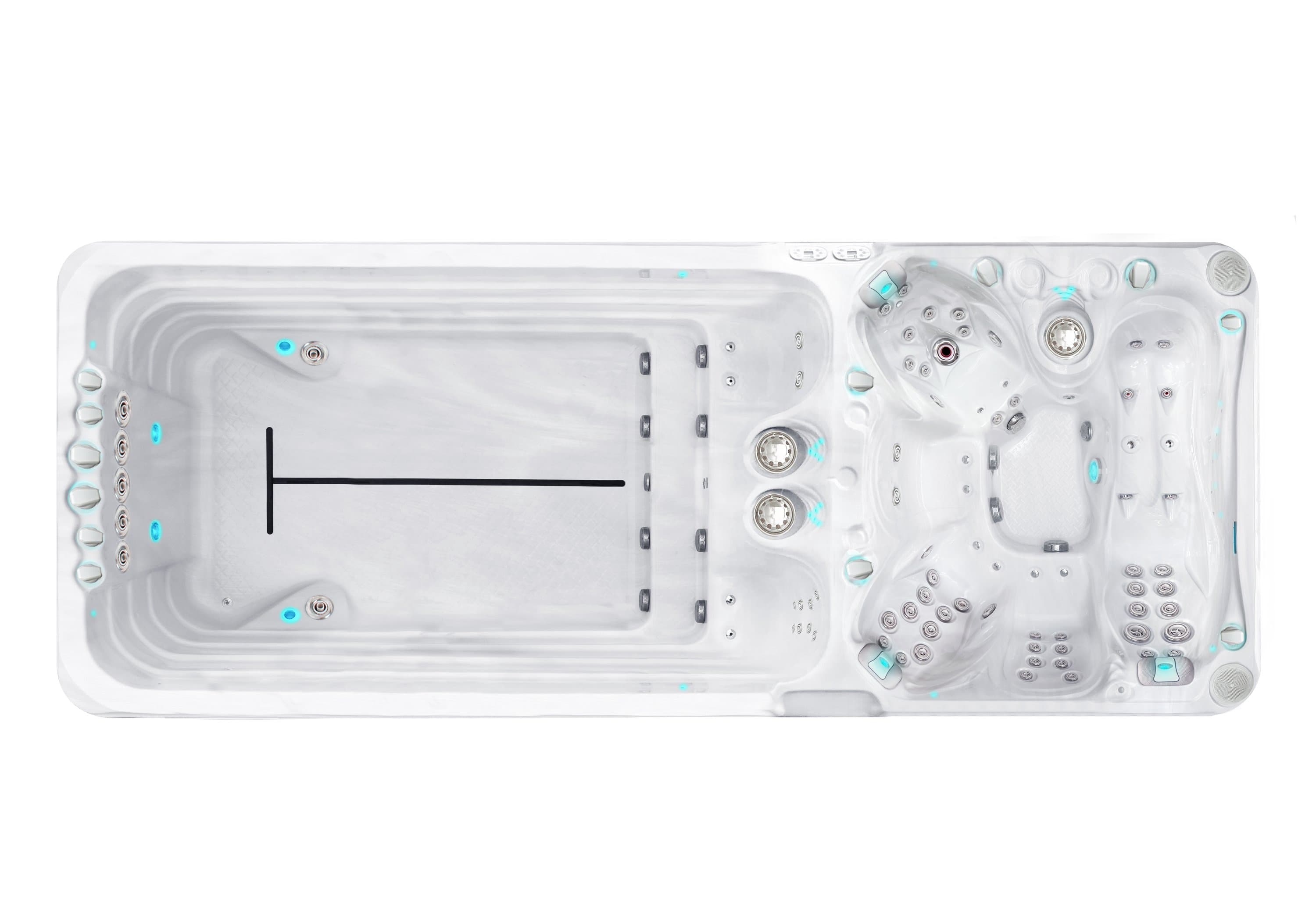 Dynamic swim spa, top view, Sterling White / Grey-Oak colorway