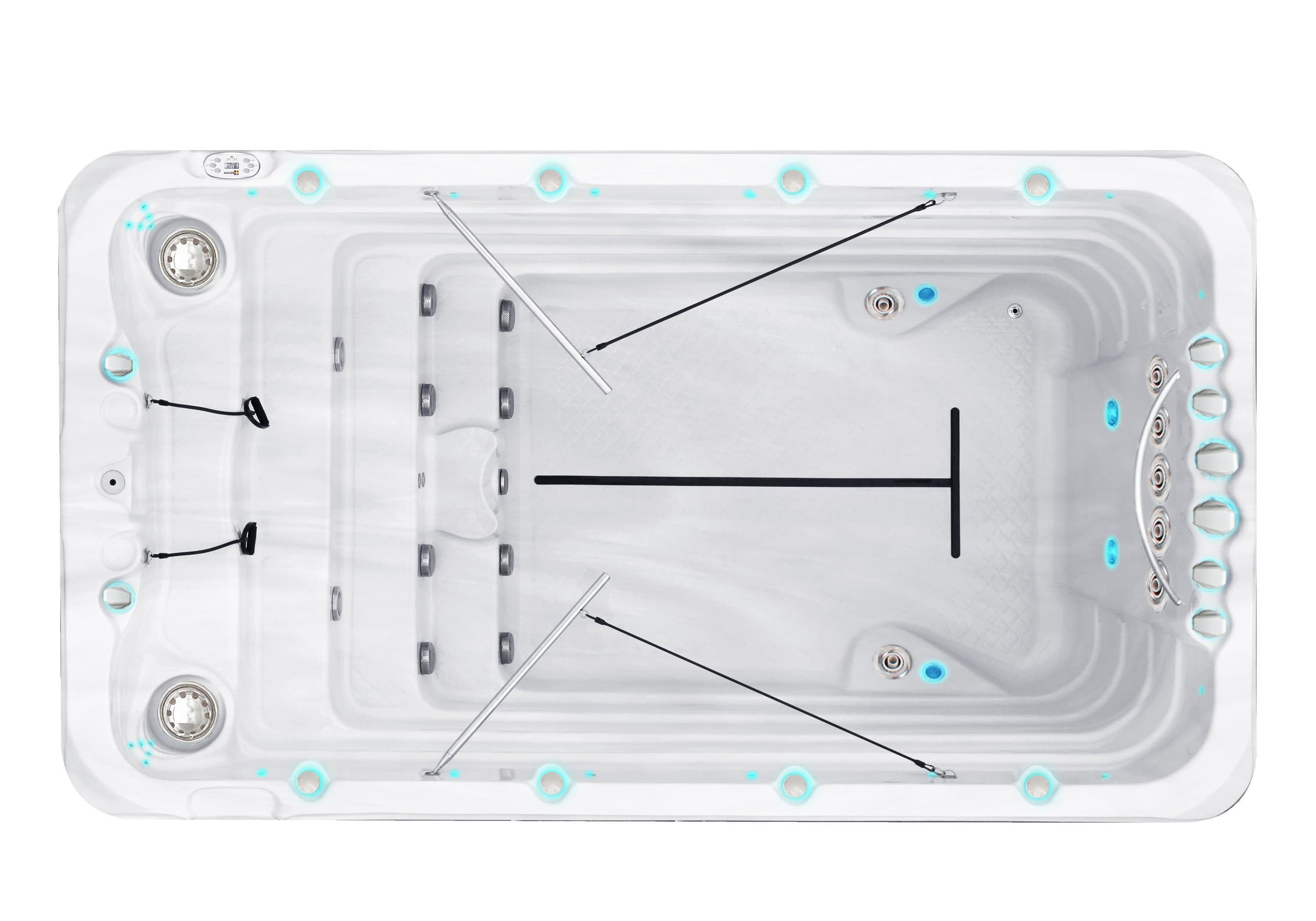 Fitness 1 swim spa, top view, Sterling White / Grey-Oak colorway