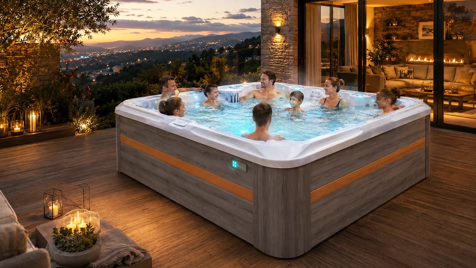 Grand Master Spas premium hot tub / spa collection in a landscaped garden