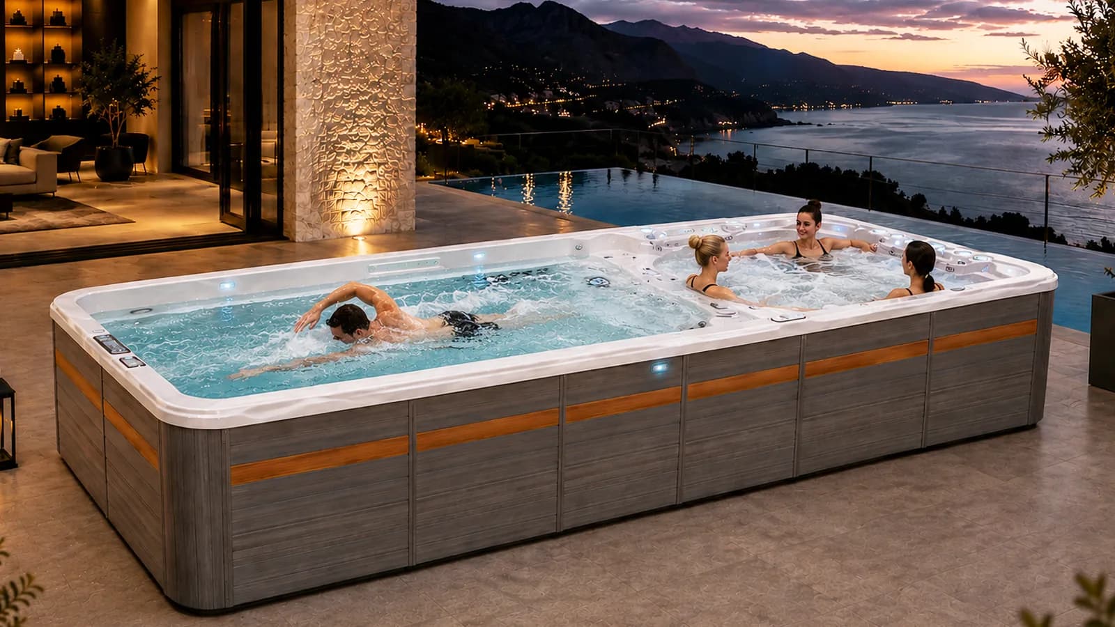 Grand Master Spas swim spa with fitness zone and hydrotherapy seats at dusk